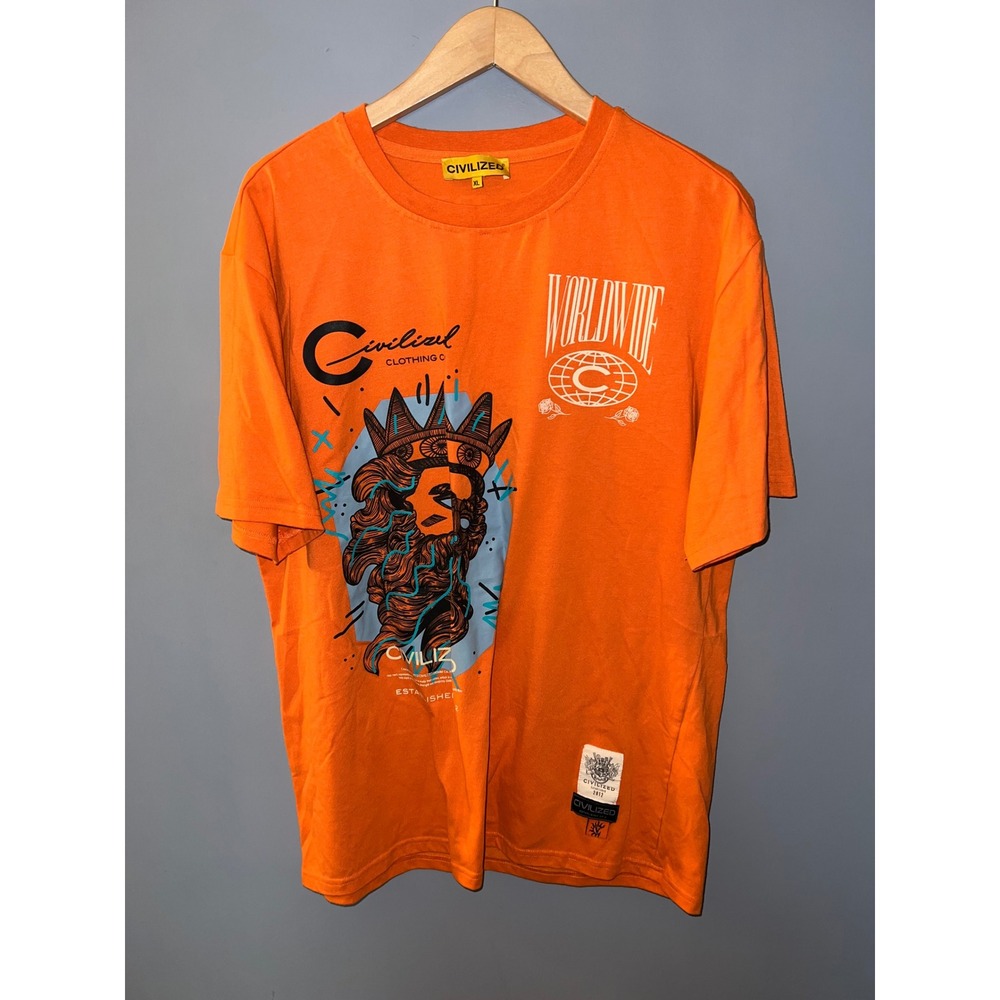 Civilized Clothing Co Mens Orange Graphic Tee Worldwide King Shirt XL